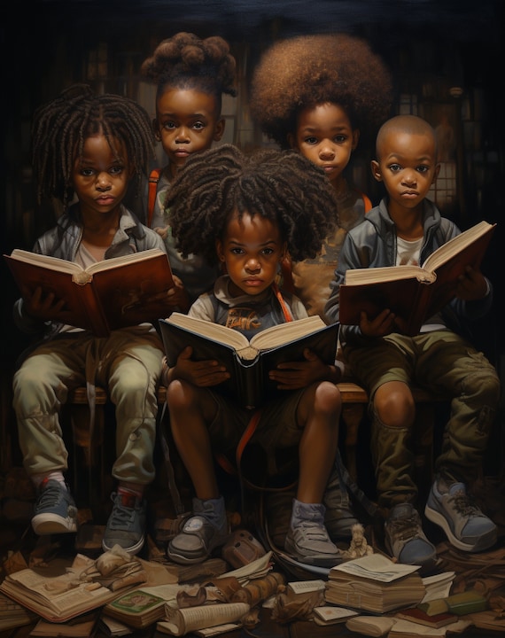 Black Children Reading Fine Art Print With Mat, African American Art, Black Art, Urban Art, black wall art, african american wall decor