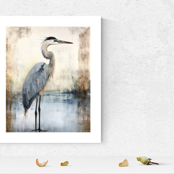 Great Blue Heron Matted Fine Art Print, Minimalist Coastal Room Decor, Marsh Bird Picture Wall Decor, Lowcountry Art