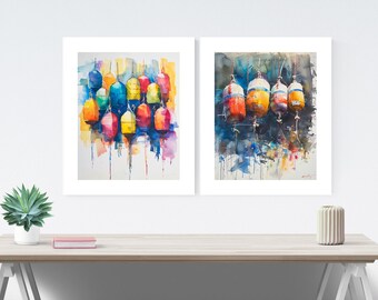 Lobster Buoys Watercolor Set Of 2, Colorful Nautical Print, Minimalist Wall Decor, Watercolor Artwork, Cape Cod Art, Coastal Wall Decor