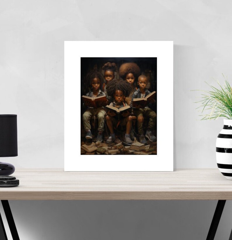 Black Children Reading Fine Art Print With Mat, African American Art, Black Art, Urban Art, black wall art, african american wall decor image 3