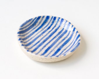 Blue Stripe Ceramic Trinket Dish Tray, Ceramic Ring Dish, Dipping Sauce, Ring Holder - Blue Check