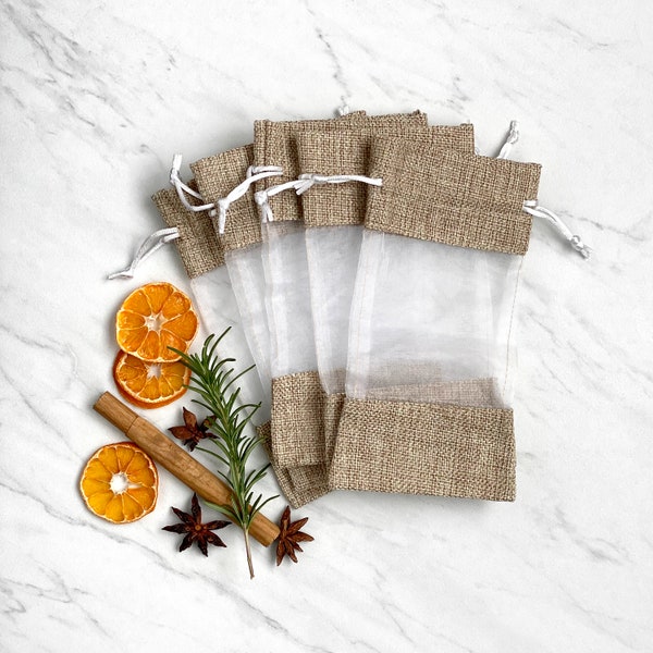 Natural Jute Gift Bags with Organza - Bridal Showers, Wedding Gifts, Aromatherapy, Potpourri, Party Favor