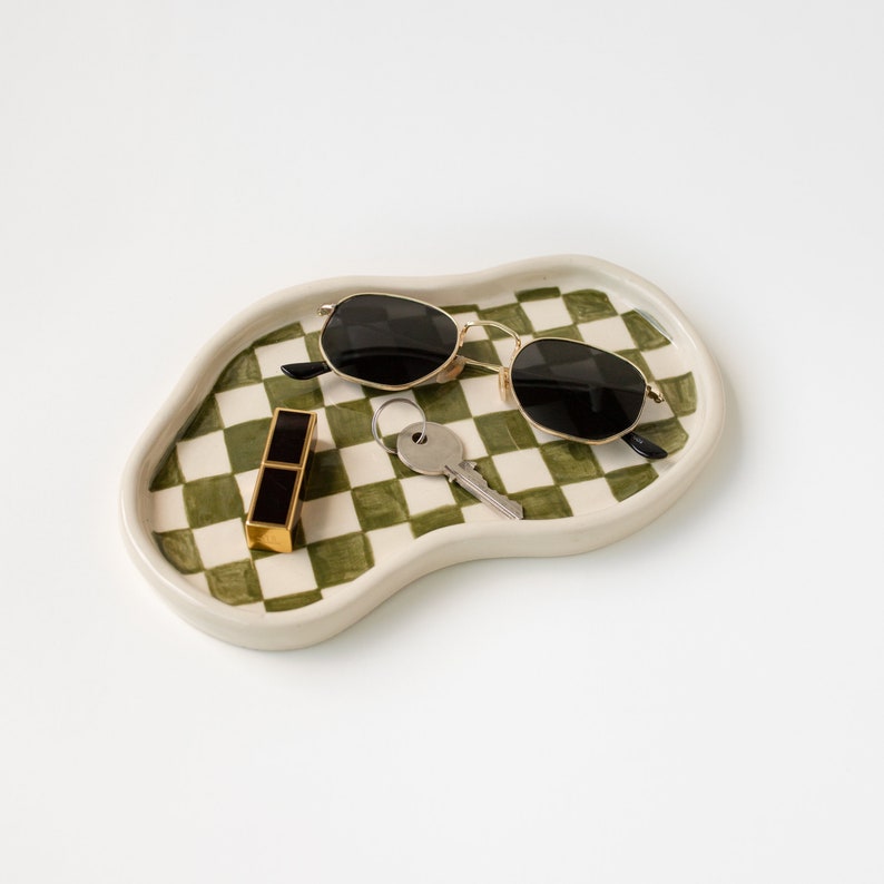 Olive Green Checkered Catch All Trinket Tray for Keys, Handmade Ceramic Tray for Desk and Table Styling image 4