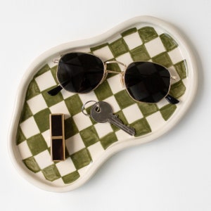 Olive Green Checkered Catch All Trinket Tray for Keys, Handmade Ceramic Tray for Desk and Table Styling