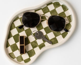 Olive Green Checkered Catch All Trinket Tray for Keys, Handmade Ceramic Tray for Desk and Table Styling