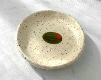 Ceramic Olive Oil Dish for Trinkets, Oil, Dipping Sauce Dish, Small Organic Shaped Trinket Dish with Olive Decor, Martini Olives, Olive pit