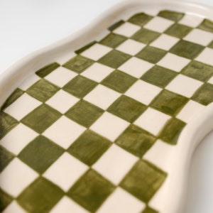 Olive Green Checkered Catch All Trinket Tray for Keys, Handmade Ceramic Tray for Desk and Table Styling image 3