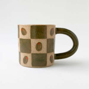 Olive Green Checkered Ceramic Mug with Hand Painted Olive Details and Long Handle for Kitchen Style, Kitchen Decor, Olive Ceramics, Martini