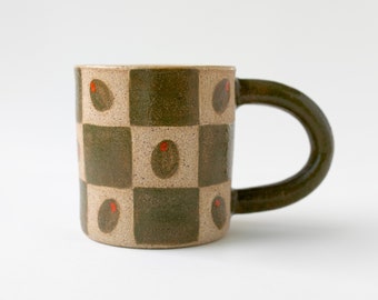 Olive Green Checkered Ceramic Mug with Hand Painted Olive Details and Long Handle for Kitchen Style, Kitchen Decor, Olive Ceramics, Martini