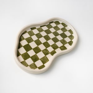 Olive Green Checkered Catch All Trinket Tray for Keys, Handmade Ceramic Tray for Desk and Table Styling image 2