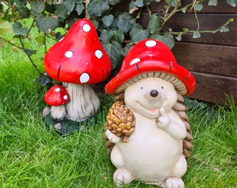 Large Hedgehog and Mushroom Garden Statue Set, Figurine Hedgehog, Garden Decor Animal, Mushroom Figurine, Forest Statue Collection