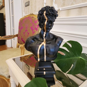 Large Black Gold David Statue, David Bust, Greek God Statue, White Gold Decor, Bust of Michelangelo’s David Statue, Roman Sculpture