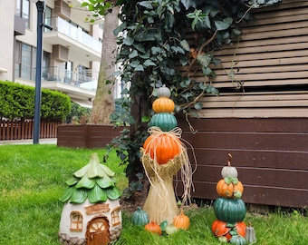 Artichoke House and Pumpkins Garden Sculpture Set, Pumpkin Decor, Country Home Decor, Garden Decor, Artichoke Statue, Garden Design