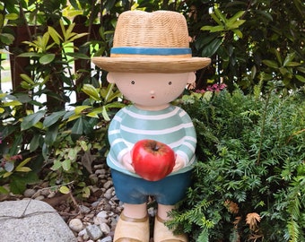 Cute Boy in Hat Garden Statue, Statue of Boy Holding Apple, Funny Country Home Garden Decor, Farmhouse Gift, Garden Ornament, Outdoor Statue