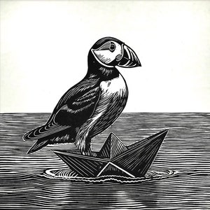 Puffin Linocut Print, Original Linocut Print, Puffin Original Art, Aquatic Linocut, Woodcut Carving Art, Limited Edition Lino Press