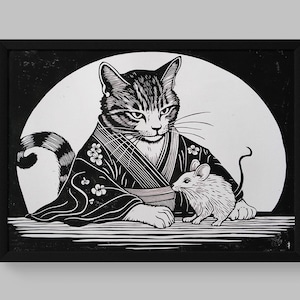 着物を着た猫のリノカット版画：限定版オリジナルアート