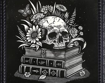 Impresión linográfica de calavera y flores: Edición limitada, arte artesanal de Botanic Arcana