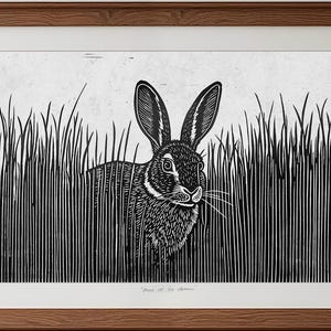 Rabbit Linocut Print, Original Linocut Print, Nature Original Art, Hare in a meadow Linocut, Woodcut Carving Art, Limited Edition Lino Press