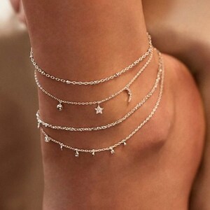 Star and Moon Layered Anklet, Anklet Set, Gold Anklet Set, Beaded Anklet, Anklet bracelet, layered anklet, gold chain anklet