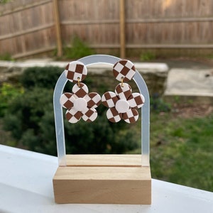 Brown & White Checkered Flower Earrings