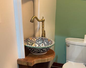 Moroccan Vessel Sink, Hand-Painted Green Ceramic Bathroom Basin, Handmade Artisan Countertop Sink with Geometric Tile Pattern