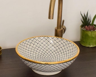 Ceramic Sink Basin Brass Edge For Bathroom 100% Handmade,Vessel Sink,Custom Sink Vanity,Pottery Handmade Sinks for Bathroom Decoration.