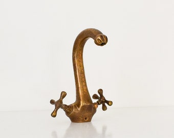 Engraved Antique Looking Bronze Faucet,Handcrafted Vanity Sink Faucet, Single Hole Brass Vanity Faucet for Bathroom