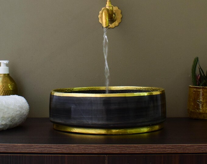 Ceramic Sink Basin Brass Edge For Bathroom 100% Handmade,Vessel Sink,Custom Sink Vanity,Pottery Handmade Sinks for Bathroom Decoration.