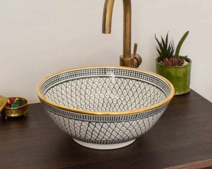 Ceramic Sink Basin Brass Edge For Bathroom 100% Handmade,Vessel Sink,Custom Sink Vanity,Pottery Handmade Sinks for Bathroom Decoration.