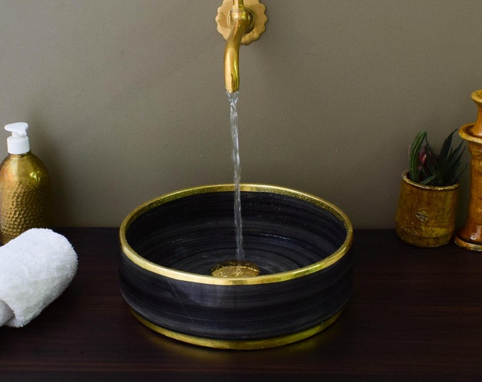 Ceramic Sink Basin Brass Edge For Bathroom 100% Handmade,Vessel Sink,Custom Sink Vanity,Pottery Handmade Sinks for Bathroom Decoration.