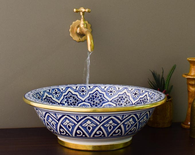 Ceramic Sink 14 Karat Gold for Bathroom 100% Handmade,Vessel Sink,Custom Sink Vanity,Pottery Handmade Sinks for Bathroom Decoration.