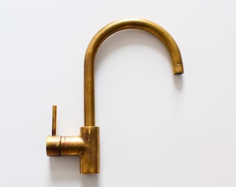 Swan Neck Unlacquered Brass faucet, Unlacquered Brass Bathroom Faucet, Island Faucet, Authentic Brass Sink Mixer Tap