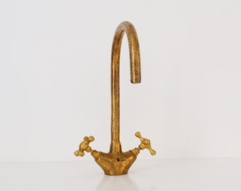 Engraved Antique Looking Bronze Faucet,Handcrafted Vanity Sink Faucet, Single Hole Brass Vanity Faucet for Bathroom