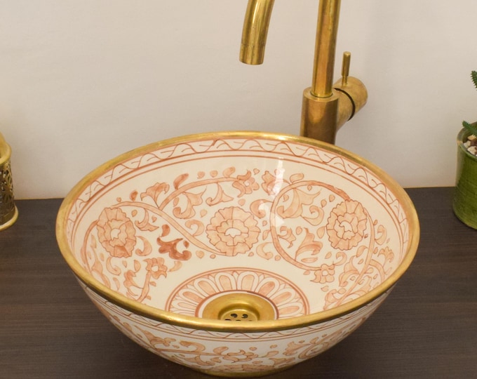 Ceramic Sink Basin Brass Edge For Bathroom 100% Handmade,Vessel Sink,Custom Sink Vanity,Pottery Handmade Sinks for Bathroom Decoration.