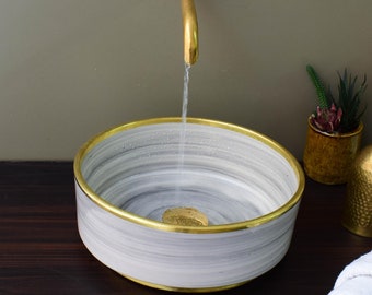 Ceramic Sink Basin Brass Edge For Bathroom 100% Handmade,Vessel Sink,Custom Sink Vanity,Pottery Handmade Sinks for Bathroom Decoration.