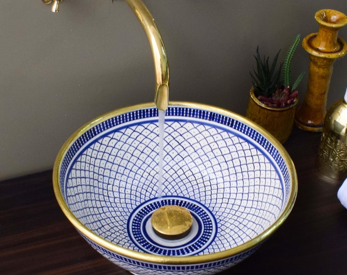 Ceramic Sink Basin Brass Edge For Bathroom 100% Handmade,Vessel Sink,Custom Sink Vanity,Pottery Handmade Sinks for Bathroom Decoration.