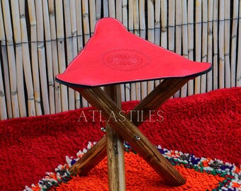 Red Folding Leather Stool for Camping / Genuine 100% Handmade Leather / Triangle Stool for home decor / Tripold Camel Stool