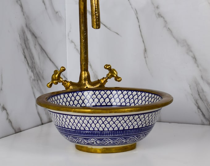 Ceramic Sink Basin Brass Edge For Bathroom 100% Handmade,Vessel Sink,Custom Sink Vanity,Pottery Handmade Sinks for Bathroom Decoration.