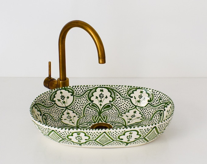 Green Ceramic Sink for Bathroom 100% Handmade,Best Deals Etsy,Vessel Sink,Custom Sink Vanity,Pottery Handmade Sinks for Bathroom Decoration.