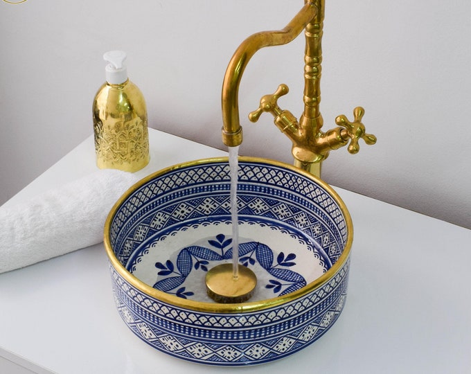 Ceramic Sink Basin Brass Edge For Bathroom 100% Handmade,Vessel Sink,Custom Sink Vanity,Pottery Handmade Sinks for Bathroom Decoration.