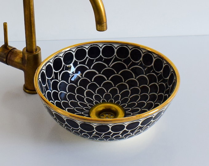 Ceramic Sink Basin Brass Edge For Bathroom 100% Handmade,Vessel Sink,Custom Sink Vanity,Pottery Handmade Sinks for Bathroom Decoration.