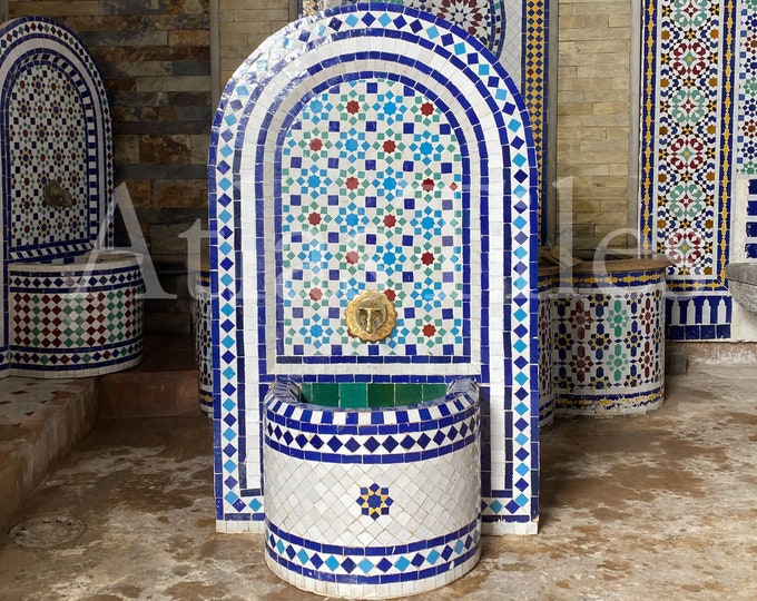 Garden Mosaic Fountain for Outdoor Patio 100%Handmade,Andalusian Tile Artwork,Wall Mounted Fountain, Handmade Fountain,Patio Decor