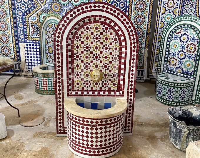 Garden Mosaic Fountain for Outdoor Patio 100%Handmade,Andalusian Tile Artwork,Wall Mounted Fountain, Handmade Fountain,Patio Decor