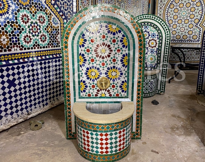 Garden Mosaic Fountain for Outdoor Patio 100%Handmade,Andalusian Tile Artwork,Wall Mounted Fountain, Handmade Fountain,Patio Decor