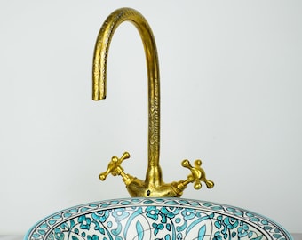 Engraved Unlacquered Brass Faucet,Handcrafted Vanity Sink Faucet, Single Hole Brass Vanity Faucet for Bathroom