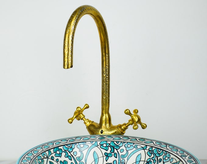 Engraved Unlacquered Brass Faucet,Handcrafted Vanity Sink Faucet, Single Hole Brass Vanity Faucet for Bathroom
