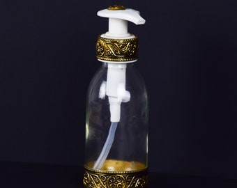 Engraved Brass Glass Liquid Soap Dispenser, Glass Soap Bottle, Moroccon Bathroom Accessories