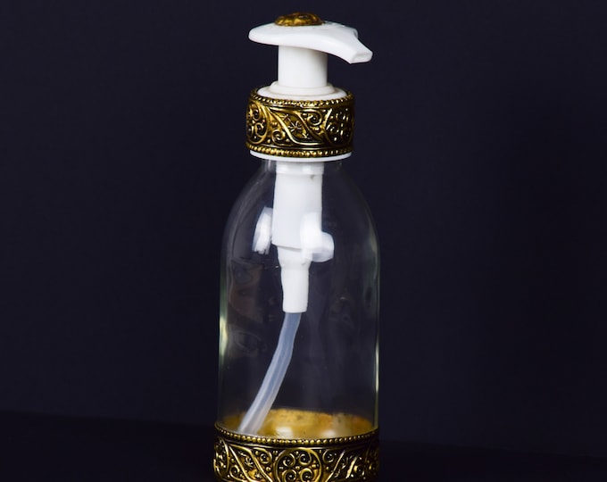 Engraved Brass Glass Liquid Soap Dispenser, Glass Soap Bottle, Moroccon Bathroom Accessories