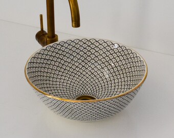 Ceramic Sink Gold Edges for Bathroom 100% Handmade,Vessel Sink,Custom Sink Vanity,Pottery Handmade Sinks for Bathroom Decoration.