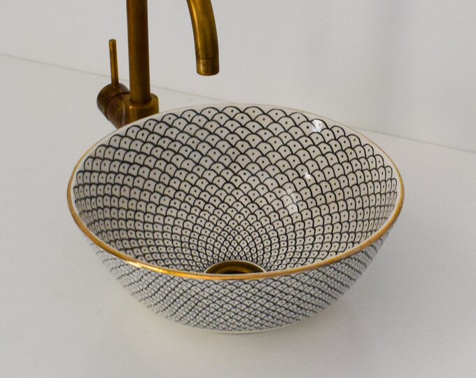 Ceramic Sink Gold Edges for Bathroom 100% Handmade,Vessel Sink,Custom Sink Vanity,Pottery Handmade Sinks for Bathroom Decoration.